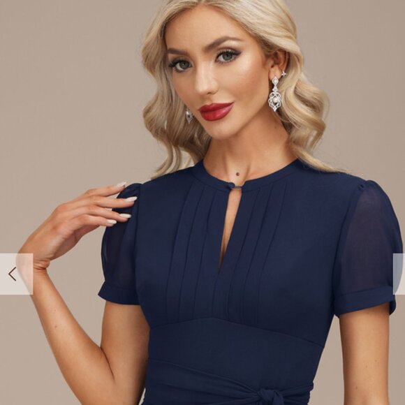 A-Line Scoop Neck Tea-Length Chiffon Cocktail Dress with Pleated Bodice - Picture 1 of 11